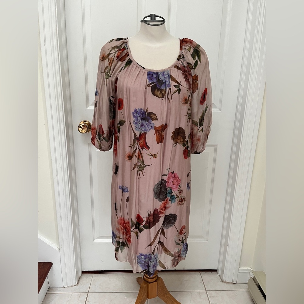 NWT Bellambra Pink Floral Chiffon Overlay Cottage Romantic Puff Sleeve Dress